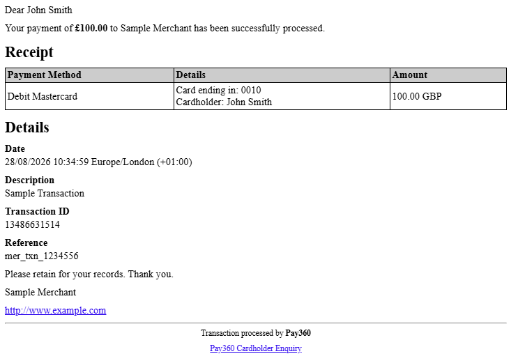 Card payment email receipt