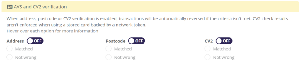 AVS and CV2 verification settings in the merchant portal
