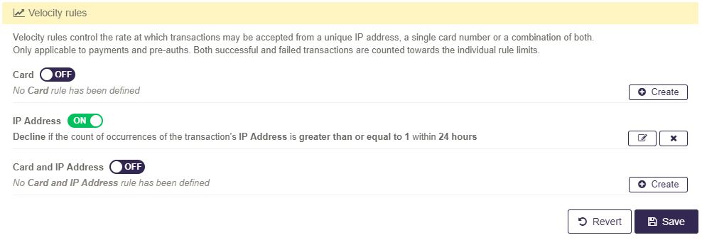 Velocity rules in the merchant portal