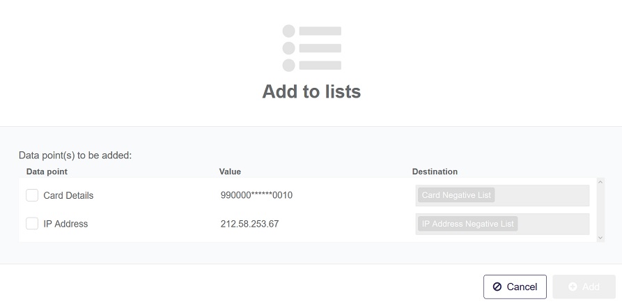 Adding a card or IP to a negative list